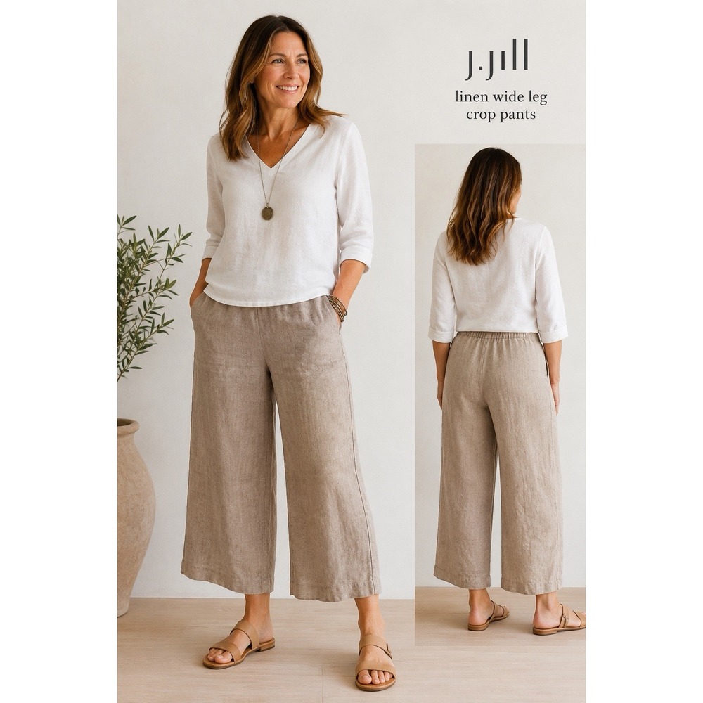 J. Jill Pants Women's XL 100% Linen Wide-Leg Cropped Brown Pockets New #B13-3